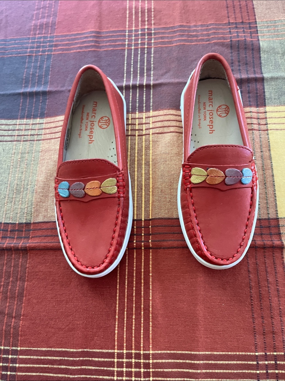 Marc Joseph Kids Red Leather Slip-On Moccasins with Multicolor Leaf Detail